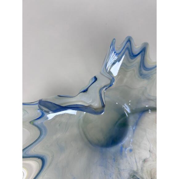 VTG Murano Iridescent Pearlized Blue White Swirl Bowl Hand Blown Art Glass Italy - Picture 5 of 9